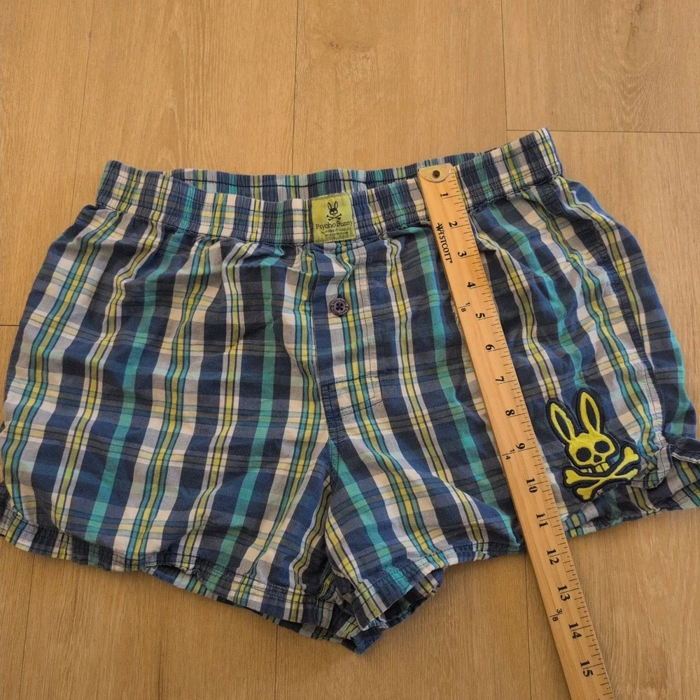 Psycho Bunny Mens Blue Green Plaid Cotton Woven Boxer Shorts Logo Medium